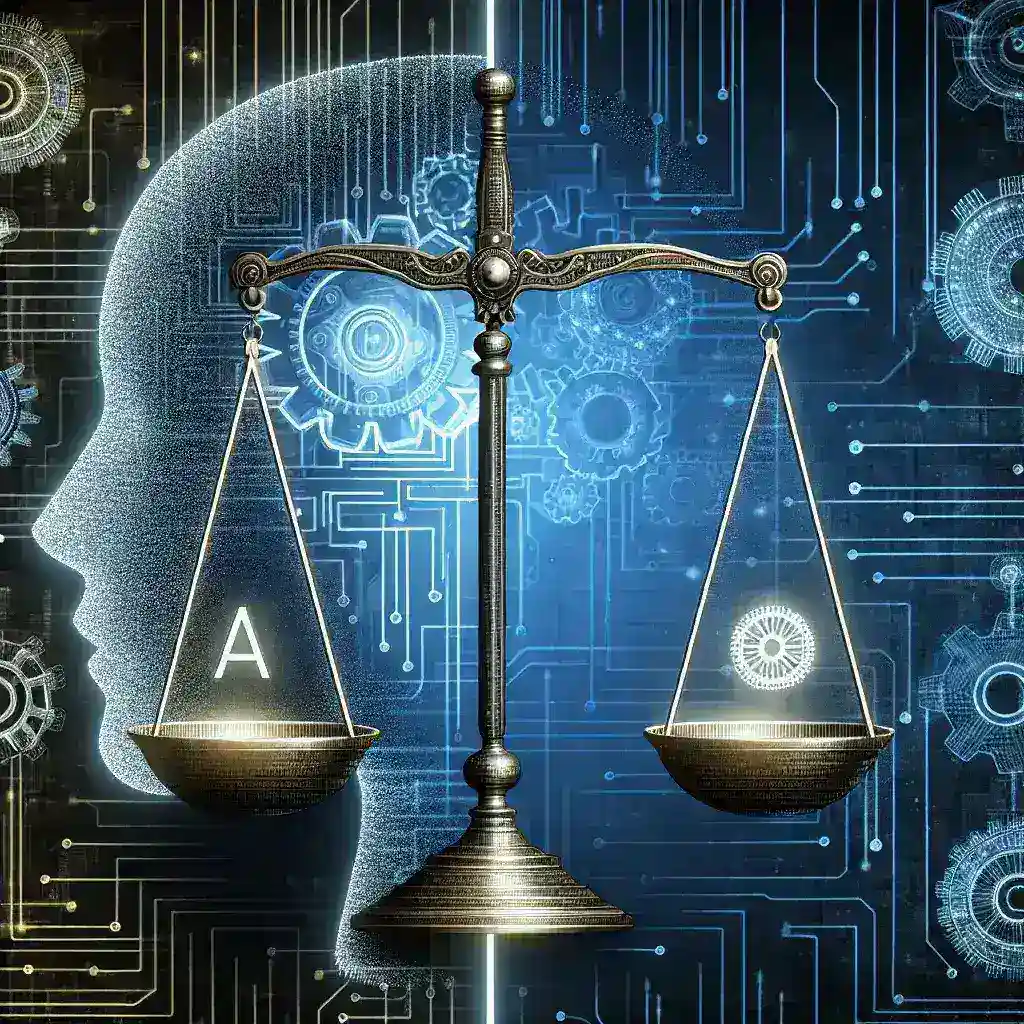 "人工知能（AI）の倫理的課題を象徴するイラスト：デジタル技術と人間の関係についての考察を示すビジュアル"