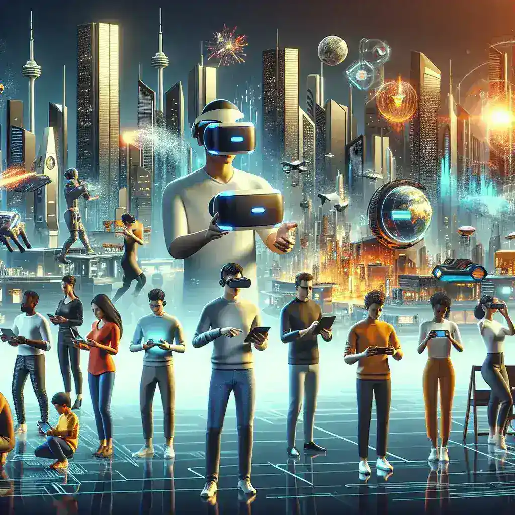 "仮想現実（VR）と拡張現実（AR）の最新トレンドを示すイラスト、2024年の革新的な技術動向を紹介する記事用画像"