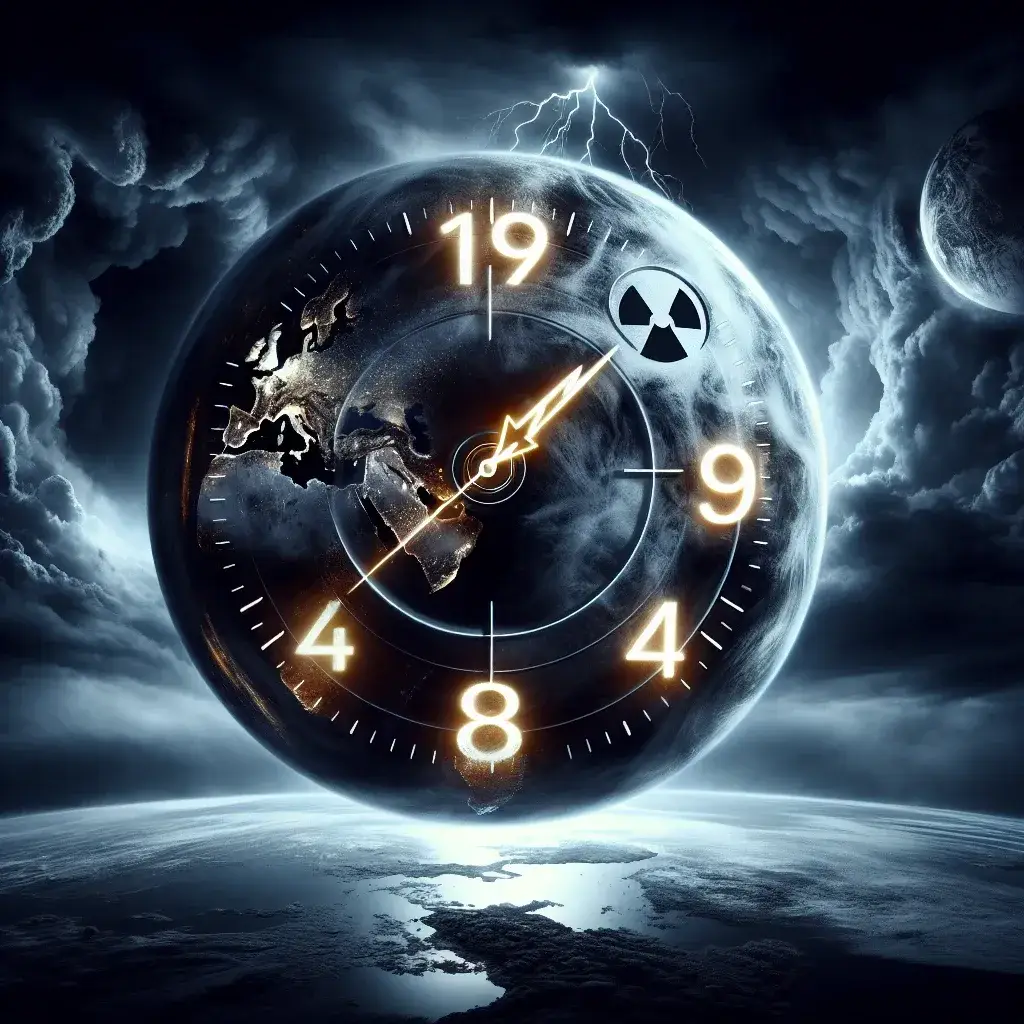 "終末時計が89秒に設定された画像 - 人類滅亡のリスクを示す核使用と気候変動に関する記事のビジュアル"